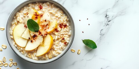Delicious bowl of oatmeal topped with fresh apple slices and mint leaves on a marble background with oats scattered around the bowl