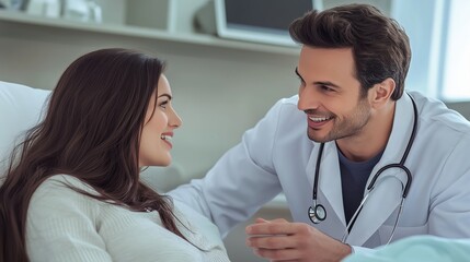 Fototapeta premium A male doctor engages in a conversation with a female patient who is lying in a hospital bed. They discuss health issues, treatment choices, and offer support in a caring environment