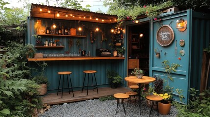 Outdoor shipping container bar, garden, night lights