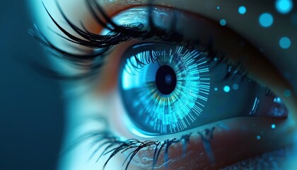 Macro of blue eye enhanced with digital tech elements. Represents cybersecurity, data protection, futuristic tech, high speed internet, artificial intelligence concepts. Biometric identification,
