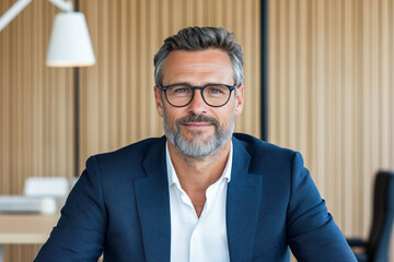Confident businessman in a navy blue suit and glasses sitting in a modern office, looking at the camera with a slight smile