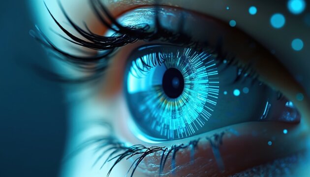 Macro of blue eye enhanced with digital tech elements. Represents cybersecurity, data protection, futuristic tech, high speed internet, artificial intelligence concepts. Biometric identification,