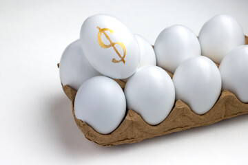 Egg on white background with dollar sign for inflation