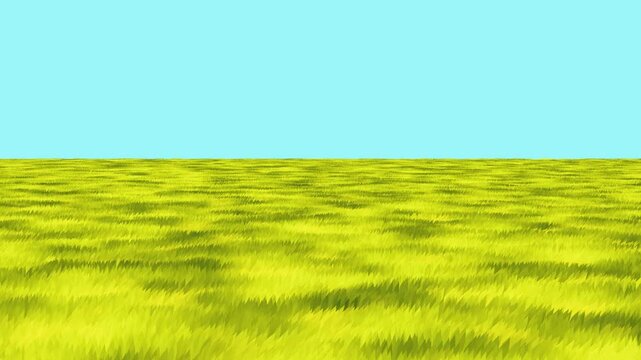 Seamless looping cartoon or watercolor styles animation of large meadow swaying wind with blue sky background created by procedural geometric 3D modeling landscape.