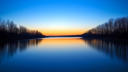 Fototapeta premium Serene Sunset Over Calm Water Trees Silhouetted