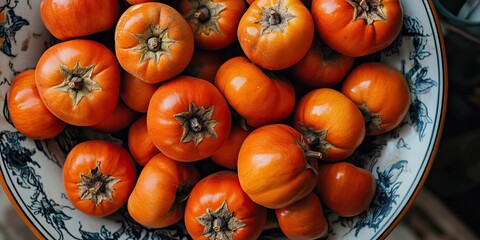 Vibrant collection of ripe orange persimmons arranged in a decorative blue and white bowl, showcasing their glossy skin and unique star-shaped tops.