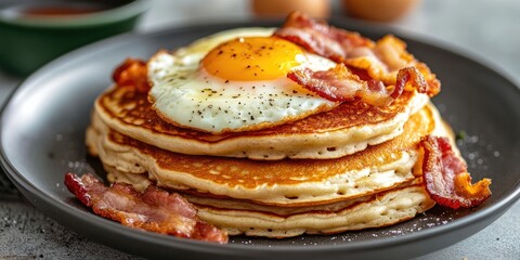 Delicious fluffy pancakes topped with a sunny side up egg and crispy bacon served on a black plate against a textured gray background.