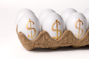 Egg on white background with dollar sign for inflation