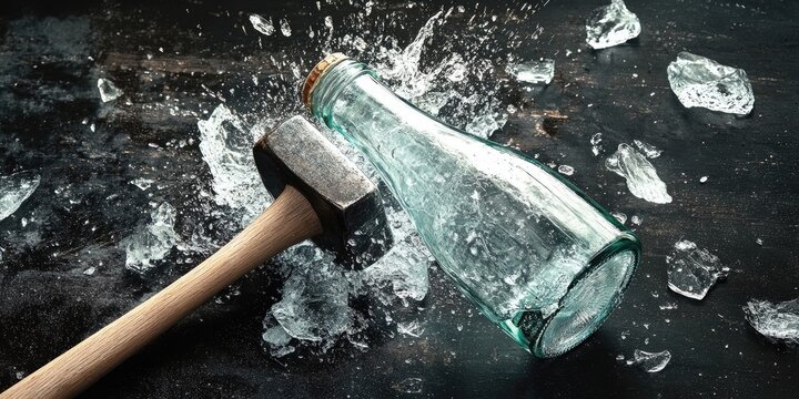 Shattered glass bottle with a hammer, clear and green hues, glass shards scattered, hammer positioned left, dark textured background.