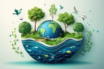Earth Ecology System Concept. Perfect for world environment day, world water day , world meteorological day, environmental protection and save water resource. Generate AI, 2D paper art.