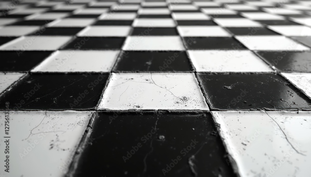 Aufkleber Classic checkerboard pattern background with black, white squares. Clear lines separating the fields. Floor tiles with grunge dirty texture, vintage checkered backdrop.