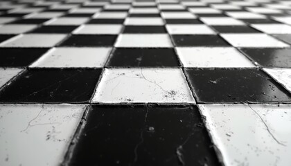 Classic checkerboard pattern background with black, white squares. Clear lines separating the fields. Floor tiles with grunge dirty texture, vintage checkered backdrop.