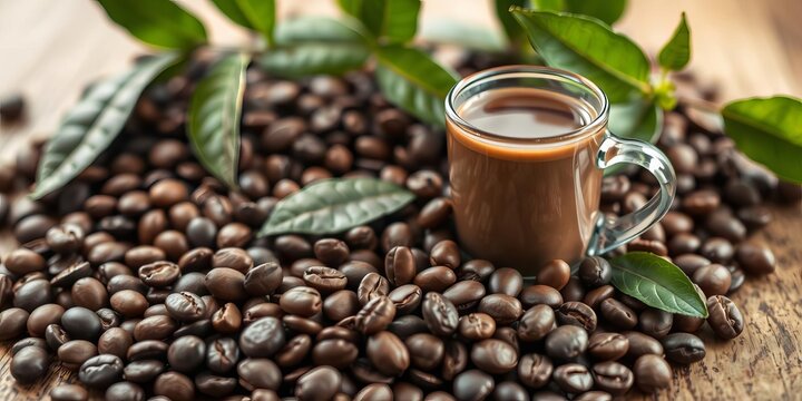 Close up of premium coffee beans in a dark background with space for text or design, natural, caffeine