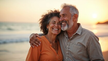 Affectionate senior couple embraces on ocean beach at sunset after retirement. Black african american afro woman, grey hair man enjoy quality time together on summer vacation.