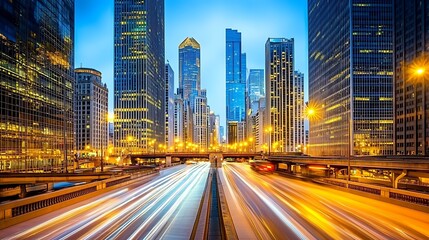 Obraz premium Cityscape at Night Featuring Illuminated Skyscrapers and Traffic