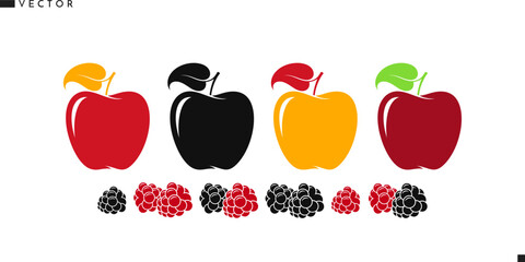 Vegan food vector illustration. Apples with raspberry and blackberry 