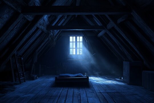 Moonlit Attic Bedroom, Night, Beams, Dust, Mystery, Film - Powered by Adobe