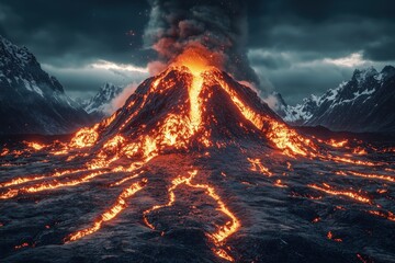 A majestic volcano erupts, spewing hot molten lava and ash into the sky, surrounded by dramatic mountainous landscape shrouded in dark clouds