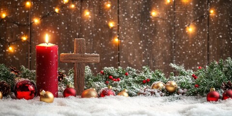 Christmas backdrop with a red candle and wooden cross at center adorned with gold and red ornaments green garland and sparkling lights on wooden background