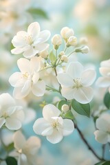 White Spring Blossoms, Flowering Tree, Soft Natural Light, Blue Sky, Nature Background