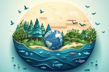 Naklejka premium Earth Ecology System Concept. Perfect for world environment day, world water day , world meteorological day, environmental protection and save water resource. Generate AI, 2D paper art.