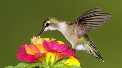 Fototapeta premium Hummingbird Approaching Colorful Flower with Vibrant Green Background