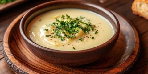 Creamy potato soup in a dark brown bowl on a rustic wooden plate garnished with fresh green herbs against a warm wooden background