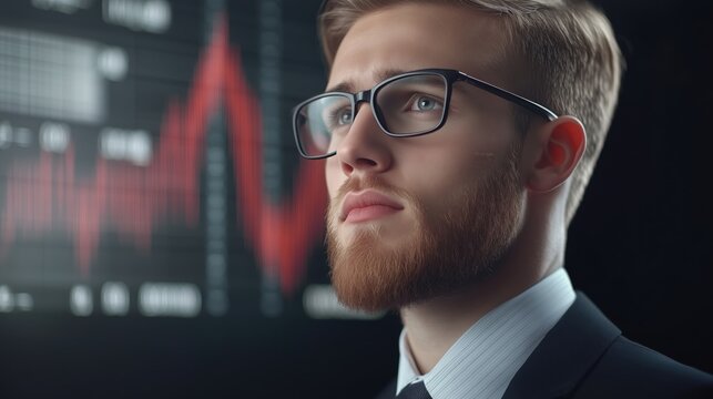 Young man in suit analyzes stock market trends with red graph lines indicating decline against a white background