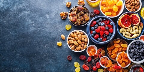Colorful assortment of dried fruits nuts and snacks arranged in blue bowls on dark stone background with vibrant reds yellows and browns