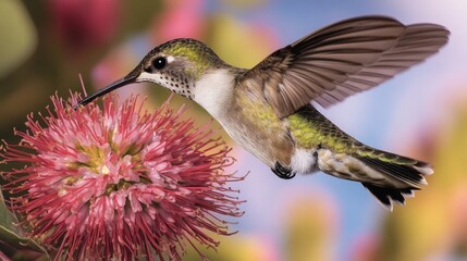 Fototapeta premium Elegant Hummingbird in Flight Near Vibrant Pink Flower Blossom