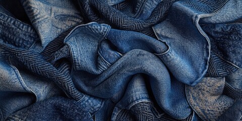 Blue denim fabric in various textures and shades of indigo arranged in overlapping folds creating a dynamic, soft, and textured visual composition.