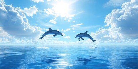 Couple observing playful dolphins leaping in a serene blue sea under a radiant sun and fluffy white clouds creating a joyful natural scene