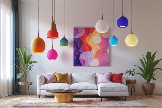 Colorful Floating Pendant Lights Above a Vibrant White Canvas in a Minimalistic Style 3D Rendering