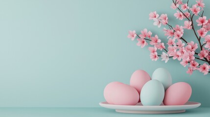 Fototapeta premium Fresh Spring Tablescape with Pastel Eggs and Flowing Cherry Blossom Arrangement