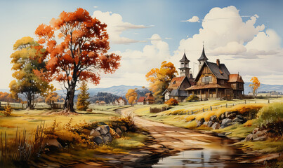 Naklejka premium Autumn colors frame a tranquil village by a winding stream