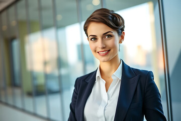 💼 A Young Woman in a Business Suit Standing by a Large Window,Looking at the camera with a Confident Smile, AI-generated.