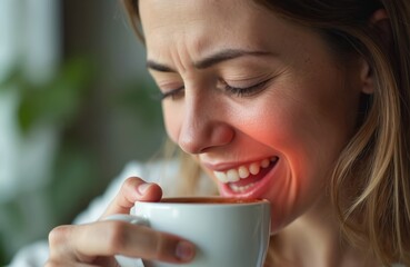 Woman drinks coffee feeling tooth pain from teeth sensitivity. Unhappy girl with blond hair holds cup with hot drink, suffers from toothache. Dental health problems.