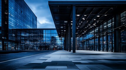 Obraz premium Modern Glass Building Complex Evening Exterior