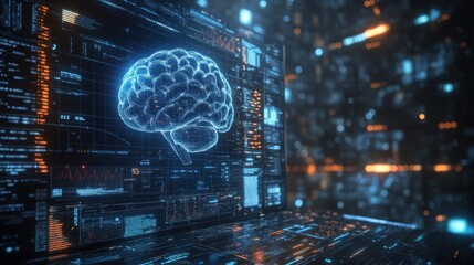 Digital Brain on Laptop Screen with Network Data