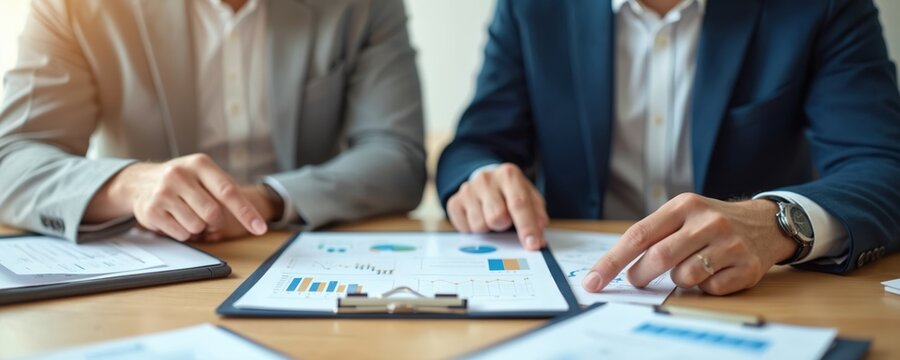 Business people meet analyze investment financial charts graphs. Businessmen summarize plan, point financial reports. Teamwork, corporate strategy for grow, company meeting in office.
