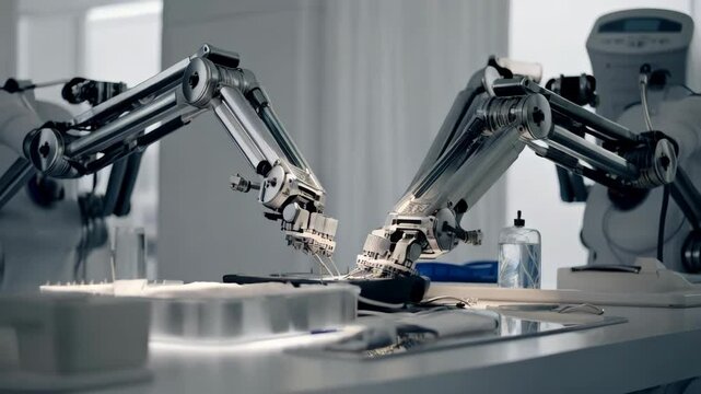 Robotic arms performing precision microsurgery in modern medical facility