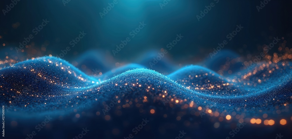 Poster Abstract blue particle waves background with bokeh lights, glow effect. Digital dot flow wallpaper, wave line design. Visualization of big data analytics.