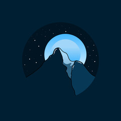 Beautiful and minimalist mountain and moon design with starry sky, landscape design in circle