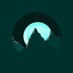 Beautiful and minimalist mountain and moon design with starry sky, landscape design in circle