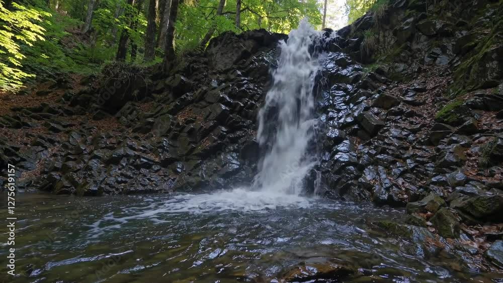 Poster relax at a serene waterfall surrounded by lush trees in a tranquil forest
