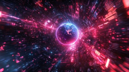 A digital depiction of Earth from space surrounded by glowing satellites and data streams, futuristic and technological
