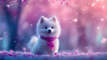 Obraz premium A fluffy white dog with a pink scarf sits amidst pastel flowers, surrounded by a dreamy, colorful background of soft pinks and blues.