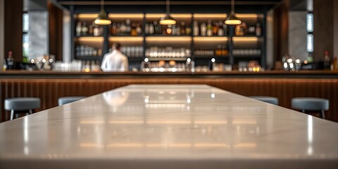 Polished marble tabletop with a blurred view of a stylish bar featuring liquor bottles and warm lighting. Perfect for hospitality, nightlife, and socializing concepts.