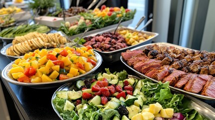 Obraz premium Premium office catering setup with colorful salads,