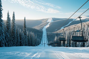 A stunning view of a snow-covered ski resort featuring empty chairlifts descending a slope lined with majestic pine trees, under a clear blue sky and soft clouds